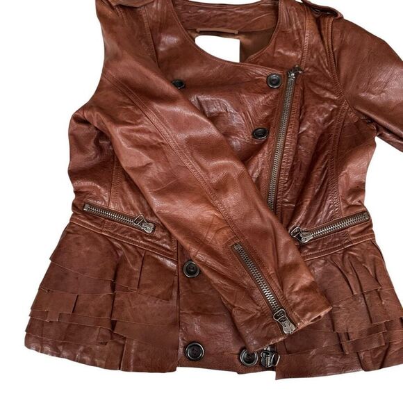 3.1 Phillip Lim Lambskin soft Leather Ruffled Cognac Zip Up Jacket silk lining 4 - Picture 8 of 16